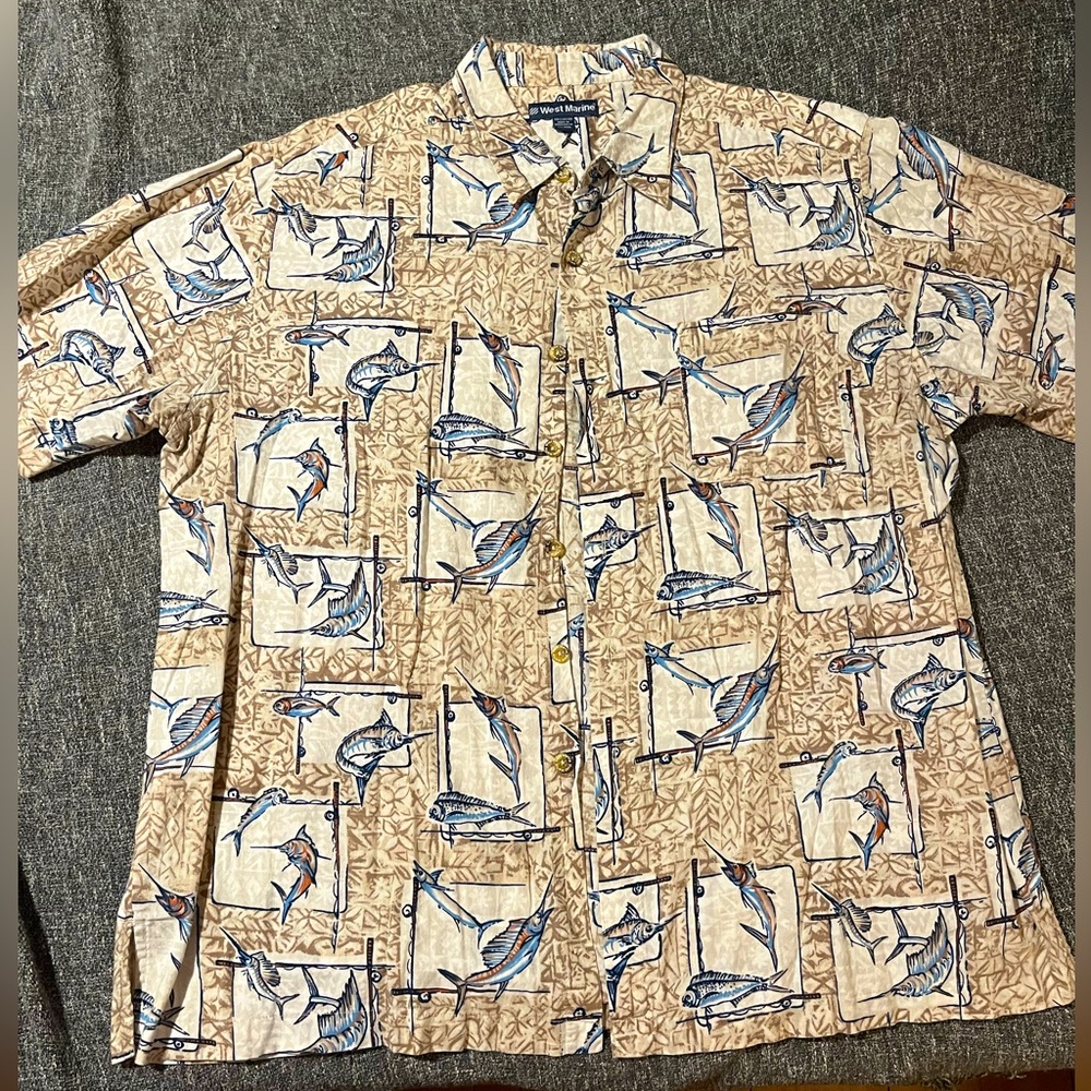 🐟🐠Mens Hook & Tackle Outfitters S/S Button Up Shirt Marlin Design🐠🐟